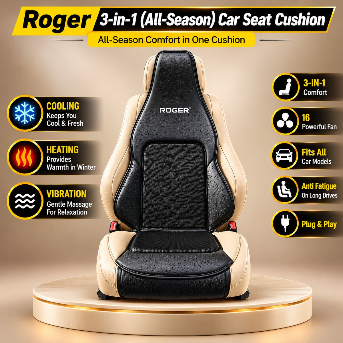 Roger 3-in-1 Cooling, Heating & Massage Seat Cover | 2-Year Warranty | All-Season Driving Comfort | Reduces Long Drive Fatigue | Breathable Mesh Design
