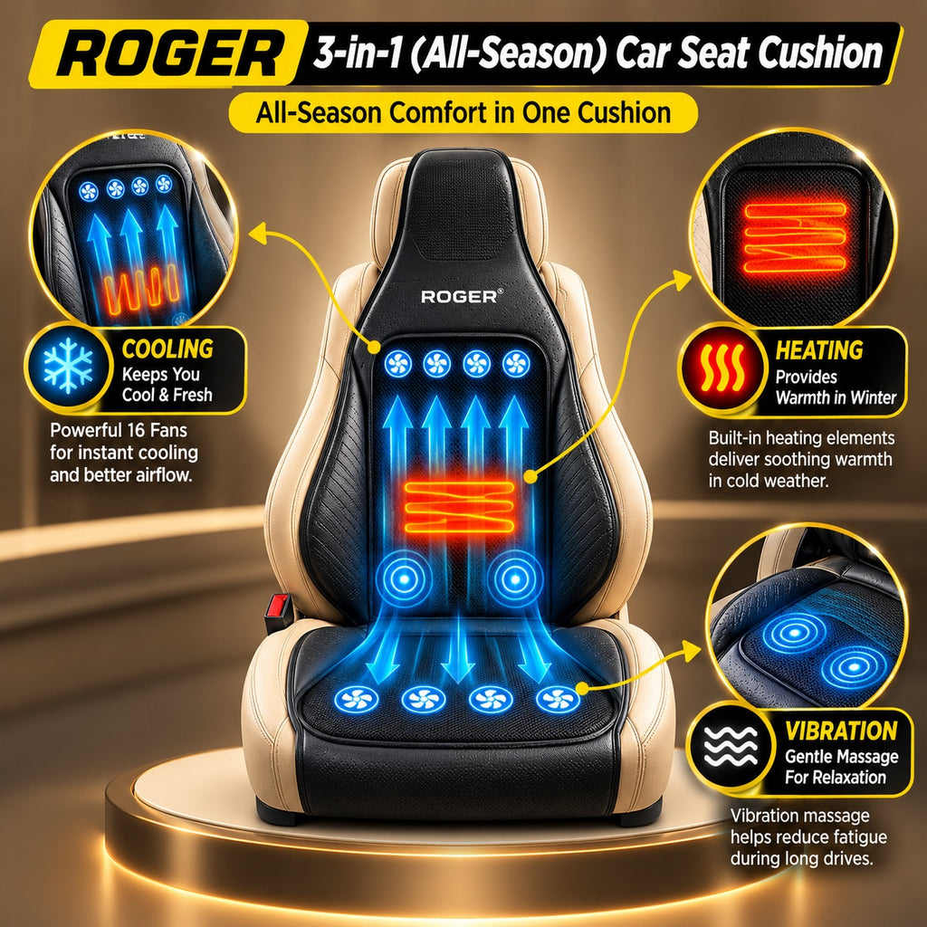 Roger 3-in-1 Cooling, Heating & Massage Seat Cover | 2-Year Warranty | All-Season Driving Comfort | Reduces Long Drive Fatigue | Breathable Mesh Design