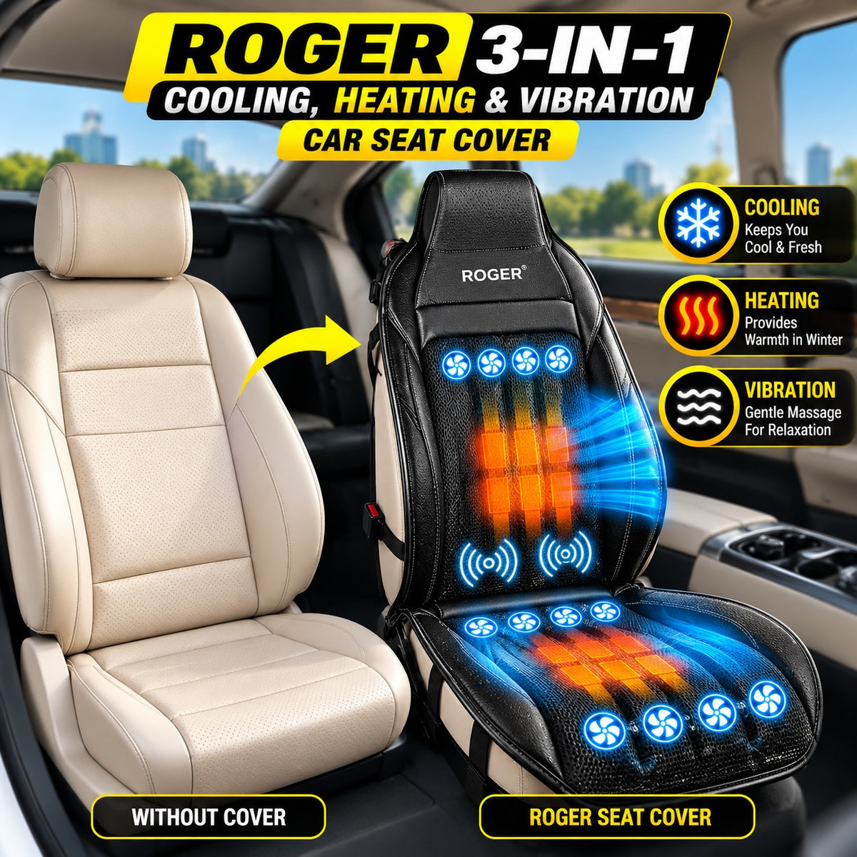 Roger 3-in-1 Cooling, Heating & Massage Seat Cover | 2-Year Warranty | All-Season Driving Comfort | Reduces Long Drive Fatigue | Breathable Mesh Design