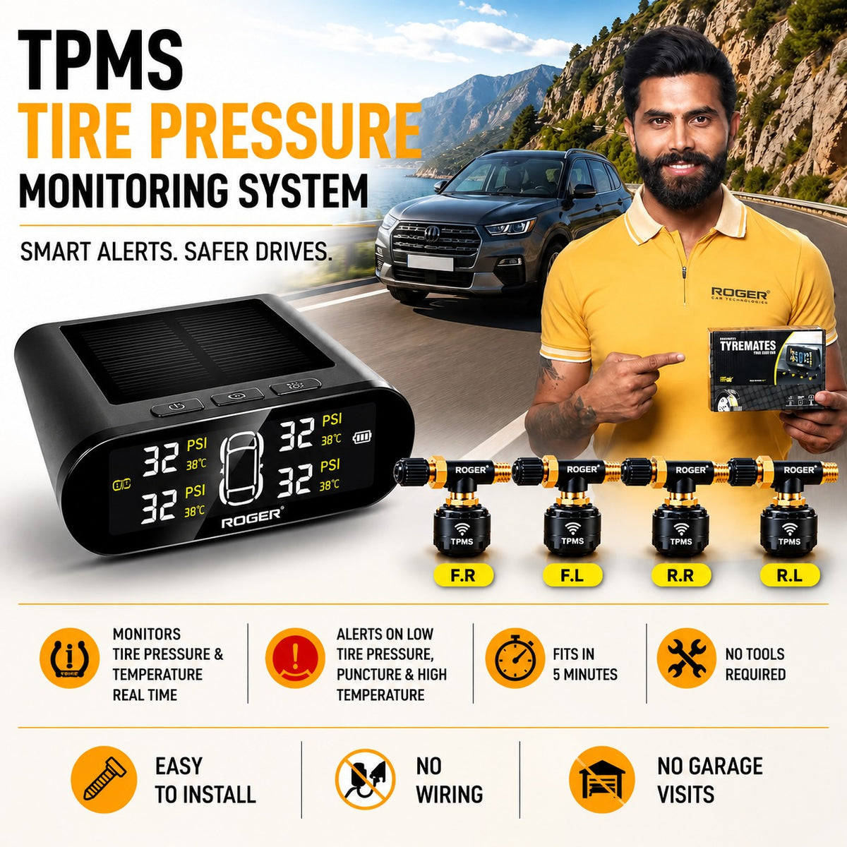 Roger TPMS | External Wireless Sensors with Patented Valve – No Sensor Removal During Air Filling | Real-Time Tyre Pressure & Puncture Alert | 5-Min DIY Installation | Auto Power On/Off | 1-Year Warranty