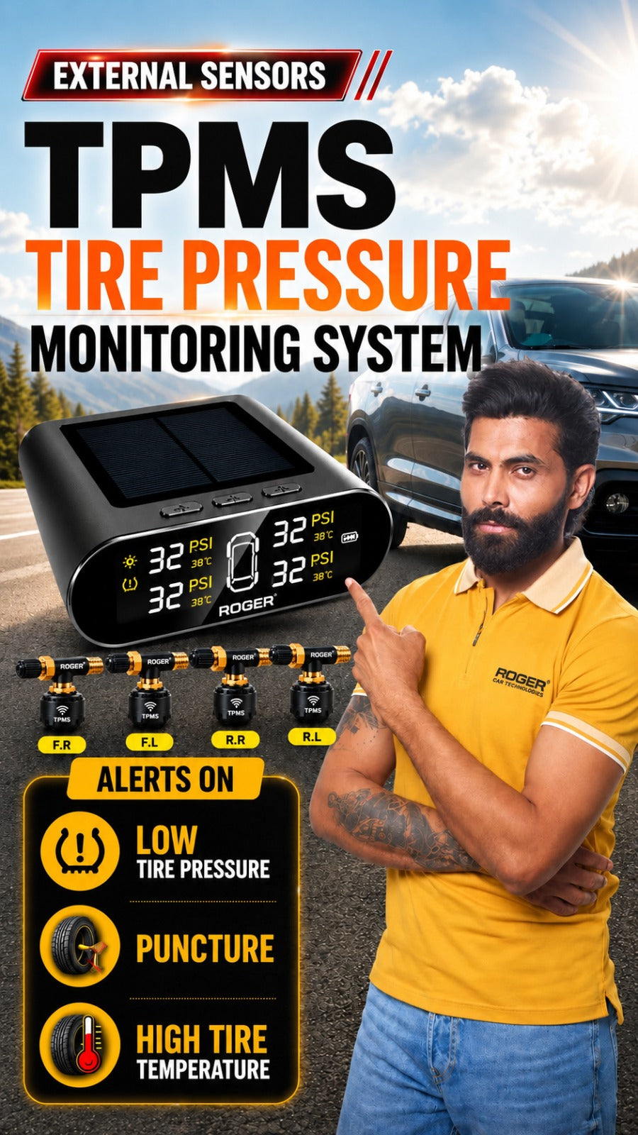 Roger TPMS | External Wireless Sensors with Patented Valve – No Sensor Removal During Air Filling | Real-Time Tyre Pressure & Puncture Alert | 5-Min DIY Installation | Auto Power On/Off | 1-Year Warranty