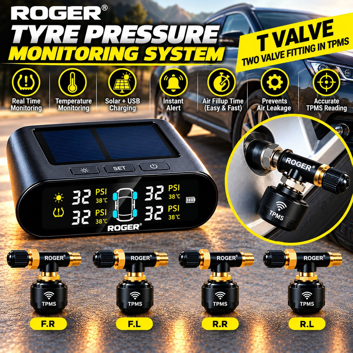 Roger TPMS | External Wireless Sensors with Patented Valve – No Sensor Removal During Air Filling | Real-Time Tyre Pressure & Puncture Alert | 5-Min DIY Installation | Auto Power On/Off | 1-Year Warranty