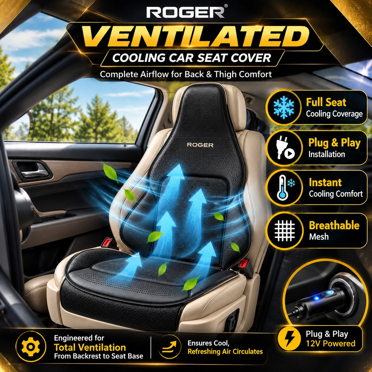 Roger Ventilated Cooling Seat Cover | 3-Speed Fan Control | 2-Year Warranty | Sweat-Free Driving Comfort | Breathable Mesh Design | Reduces Long Drive Fatigue