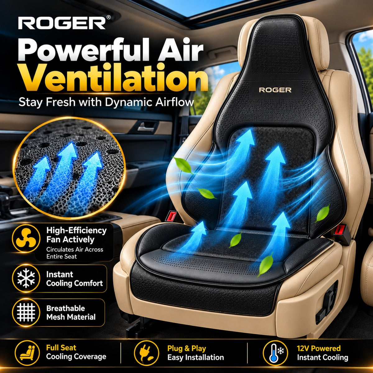 Roger Ventilated Cooling Seat Cover | 3-Speed Fan Control | 2-Year Warranty | Sweat-Free Driving Comfort | Breathable Mesh Design | Reduces Long Drive Fatigue