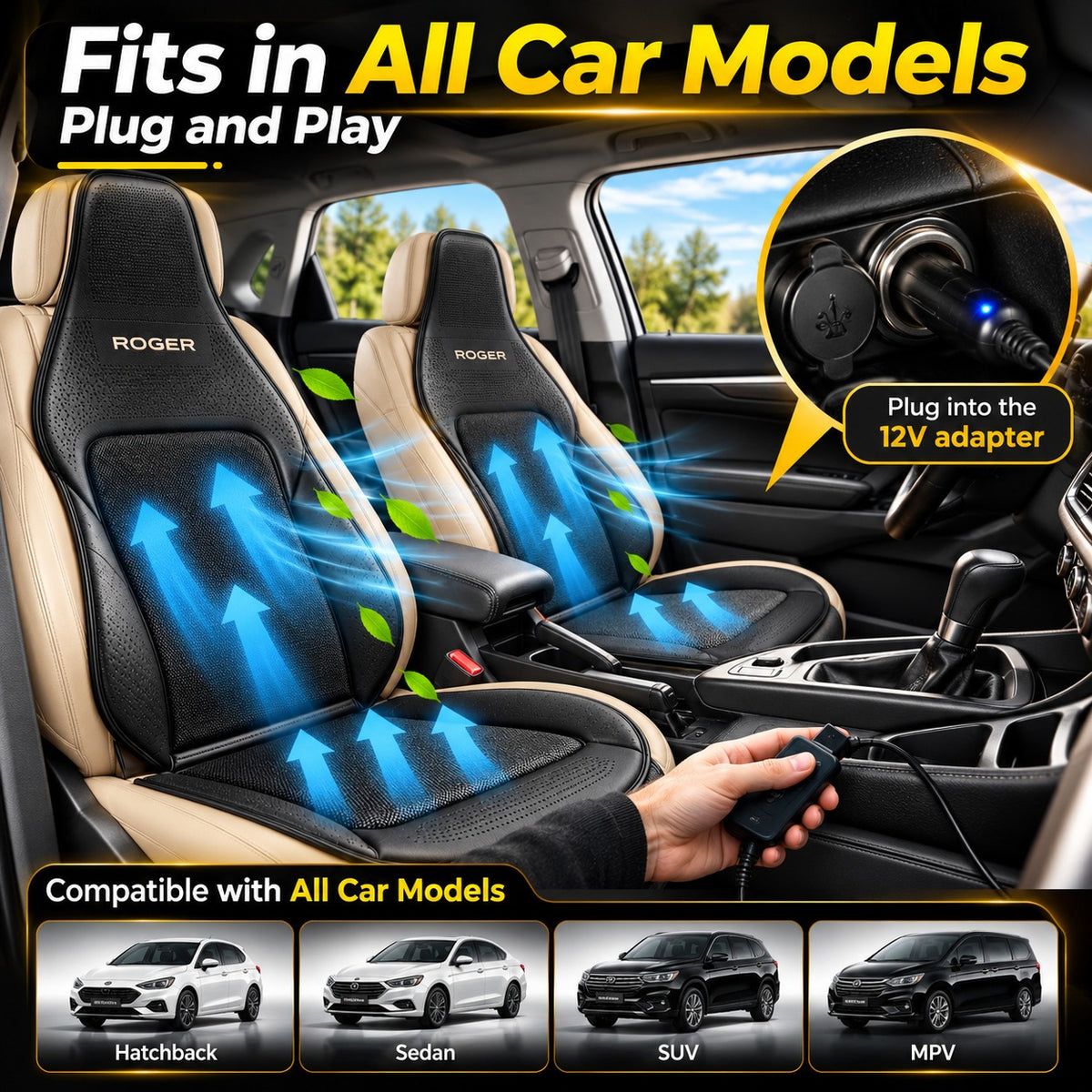 Roger Ventilated Cooling Seat Cover | 3-Speed Fan Control | 2-Year Warranty | Sweat-Free Driving Comfort | Breathable Mesh Design | Reduces Long Drive Fatigue