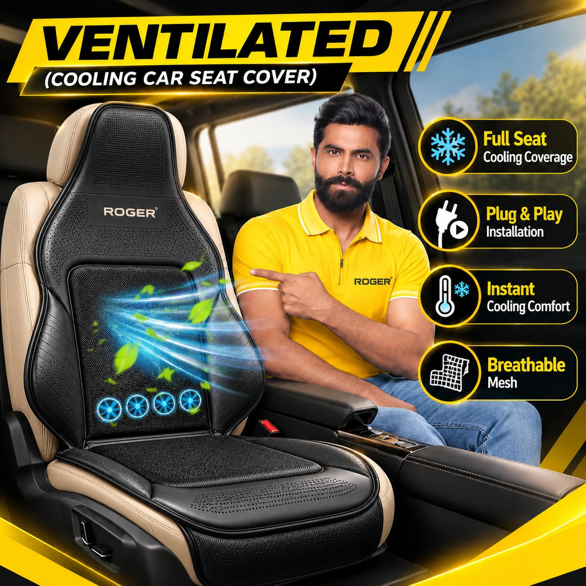 Roger Ventilated Cooling Seat Cover | 3-Speed Fan Control | 2-Year Warranty | Sweat-Free Driving Comfort | Breathable Mesh Design | Reduces Long Drive Fatigue