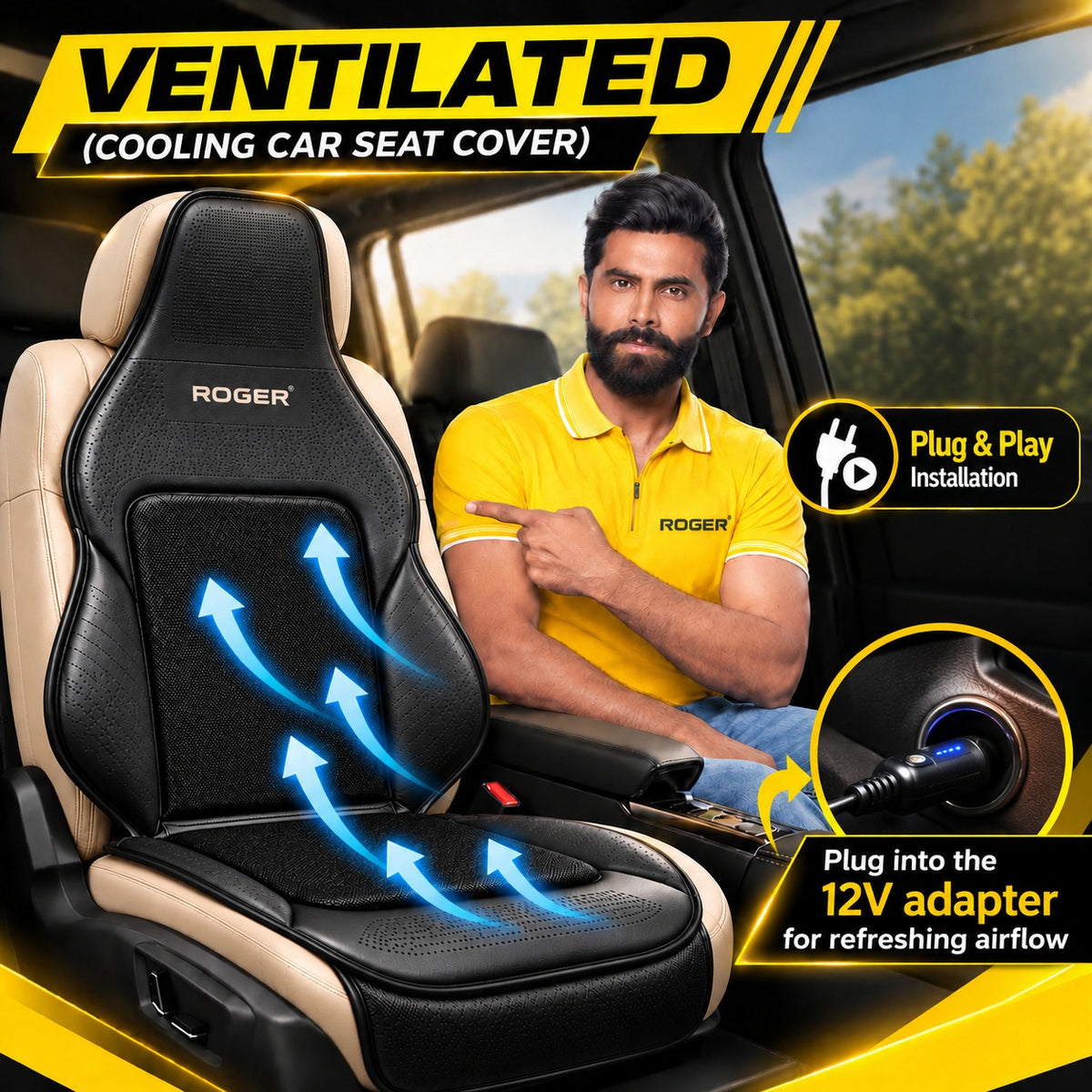 Roger Ventilated Cooling Seat Cover | 3-Speed Fan Control | 2-Year Warranty | Sweat-Free Driving Comfort | Breathable Mesh Design | Reduces Long Drive Fatigue