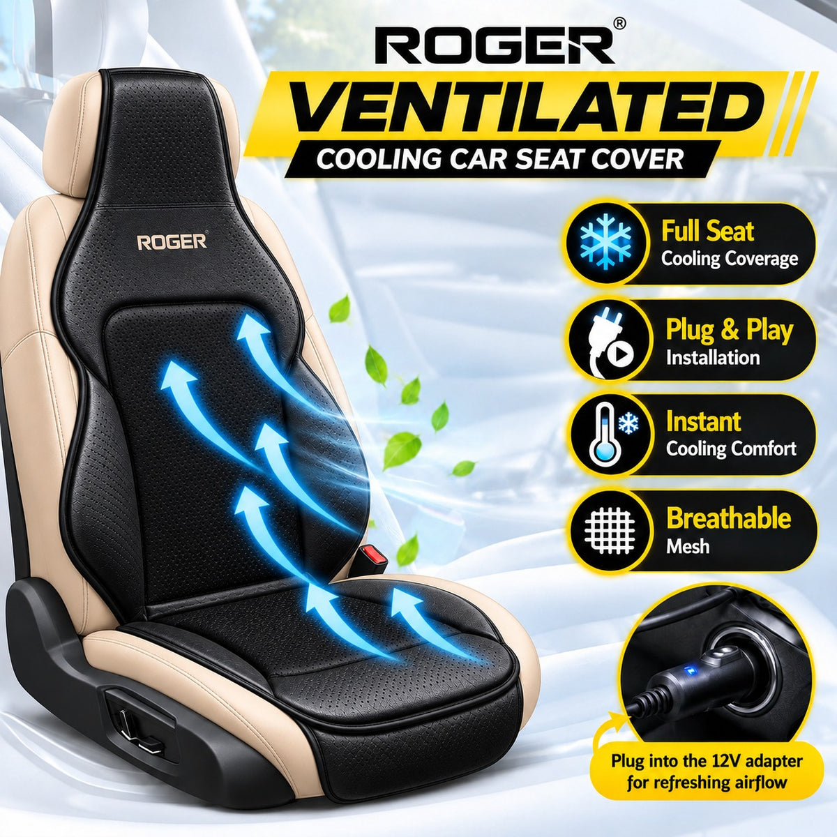Roger Ventilated Cooling Seat Cover | 3-Speed Fan Control | 2-Year Warranty | Sweat-Free Driving Comfort | Breathable Mesh Design | Reduces Long Drive Fatigue
