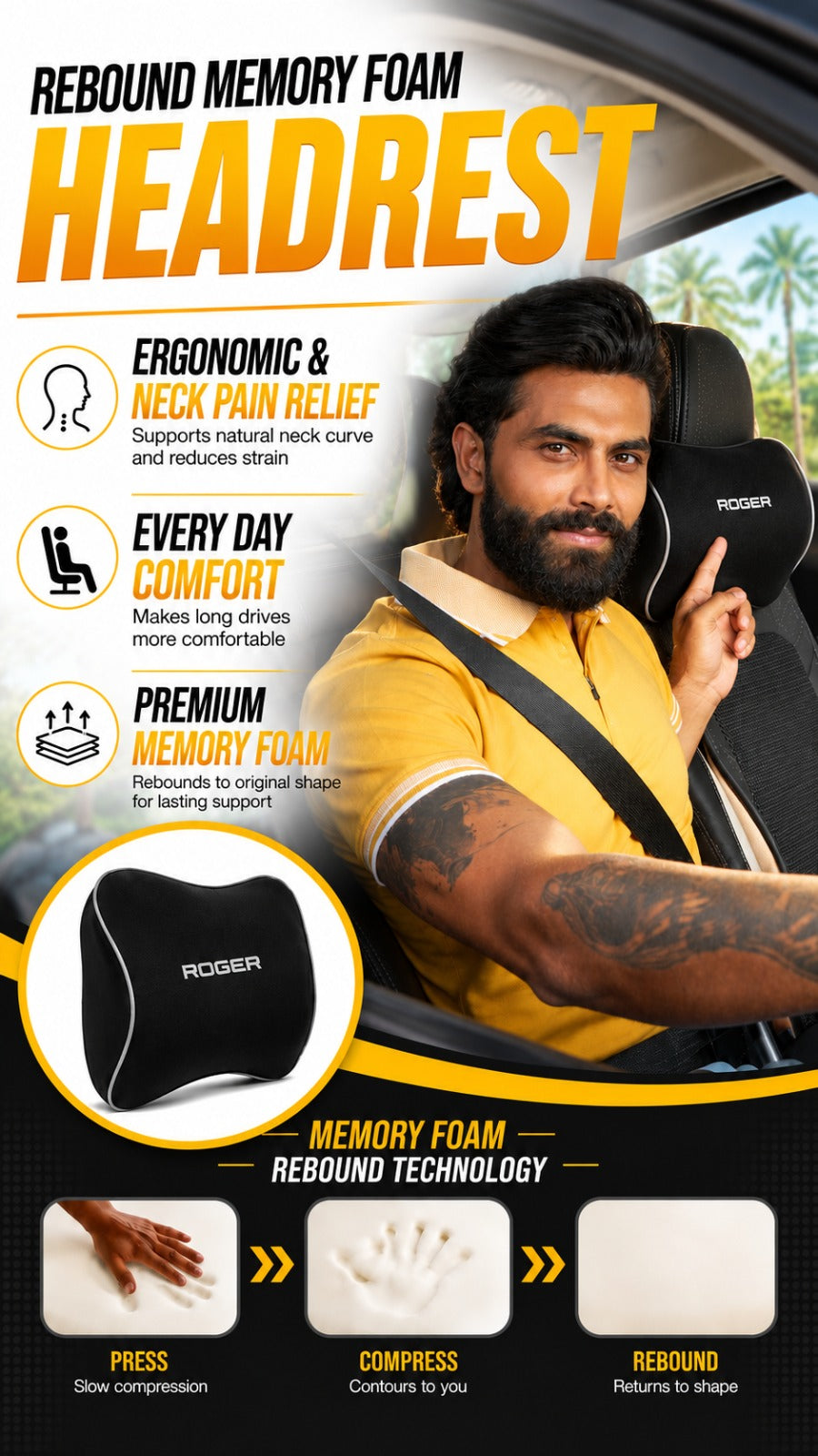 Roger Responsive Memory Foam Headrest | 1-Year Warranty | Supports Neck | Reduces Neck Fatigue | Maintains Proper Driving Posture