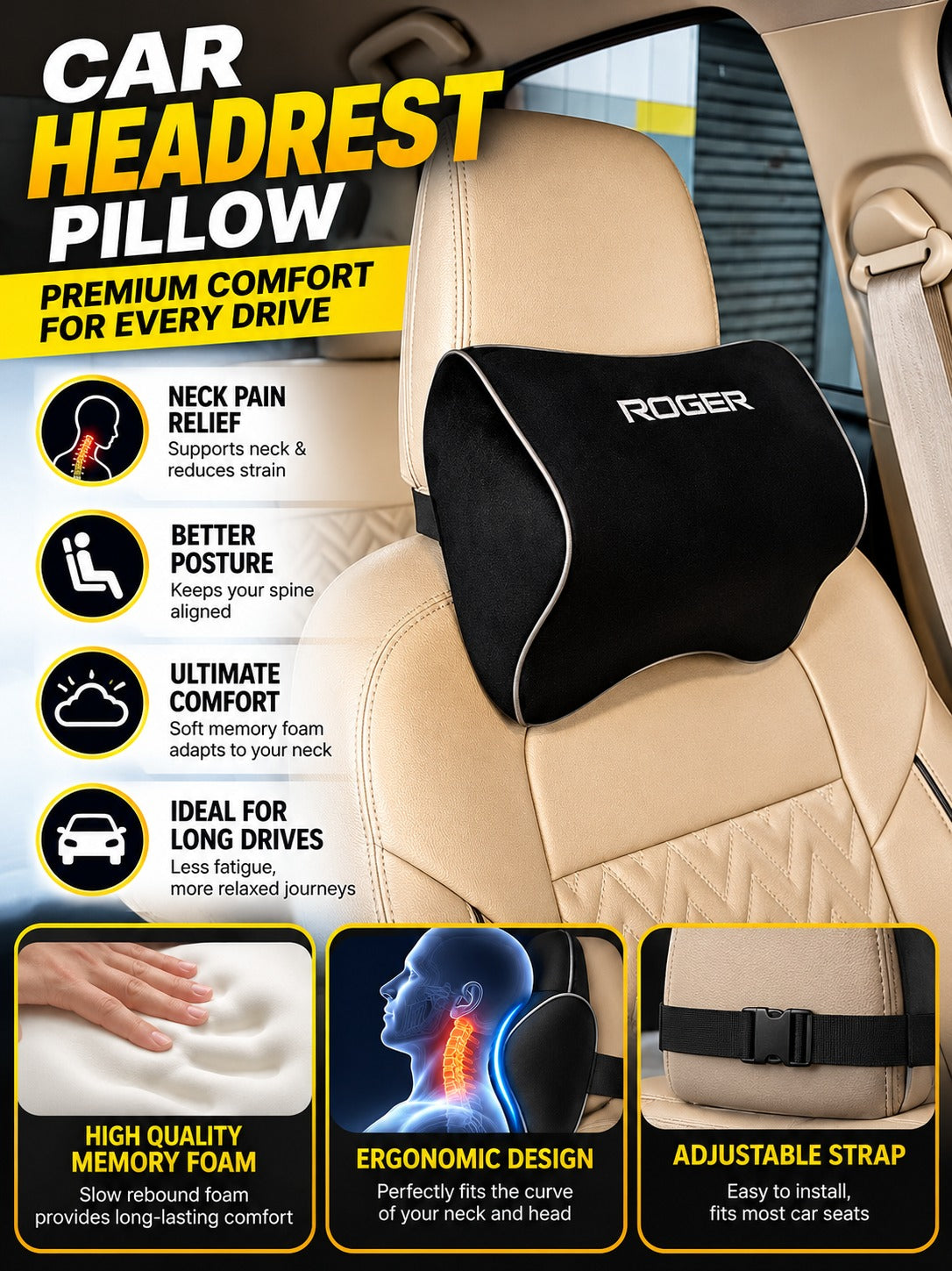 Roger Responsive Memory Foam Headrest | 1-Year Warranty | Supports Neck | Reduces Neck Fatigue | Maintains Proper Driving Posture
