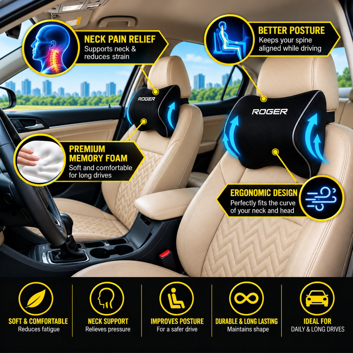 Roger Responsive Memory Foam Headrest | 1-Year Warranty | Supports Neck | Reduces Neck Fatigue | Maintains Proper Driving Posture