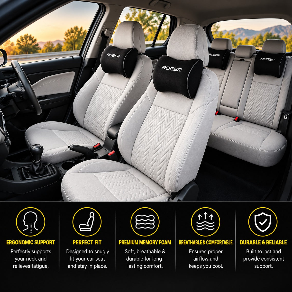 Roger Responsive Memory Foam Headrest | 1-Year Warranty | Supports Neck | Reduces Neck Fatigue | Maintains Proper Driving Posture