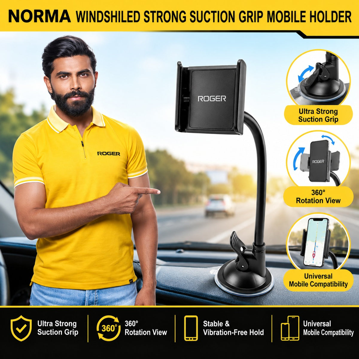 Roger Windscreen Mobile Holder | Strong Vacuum Suction | Auto-Locking Phone Grip | 360° Adjustable Viewing | 6-Month Warranty