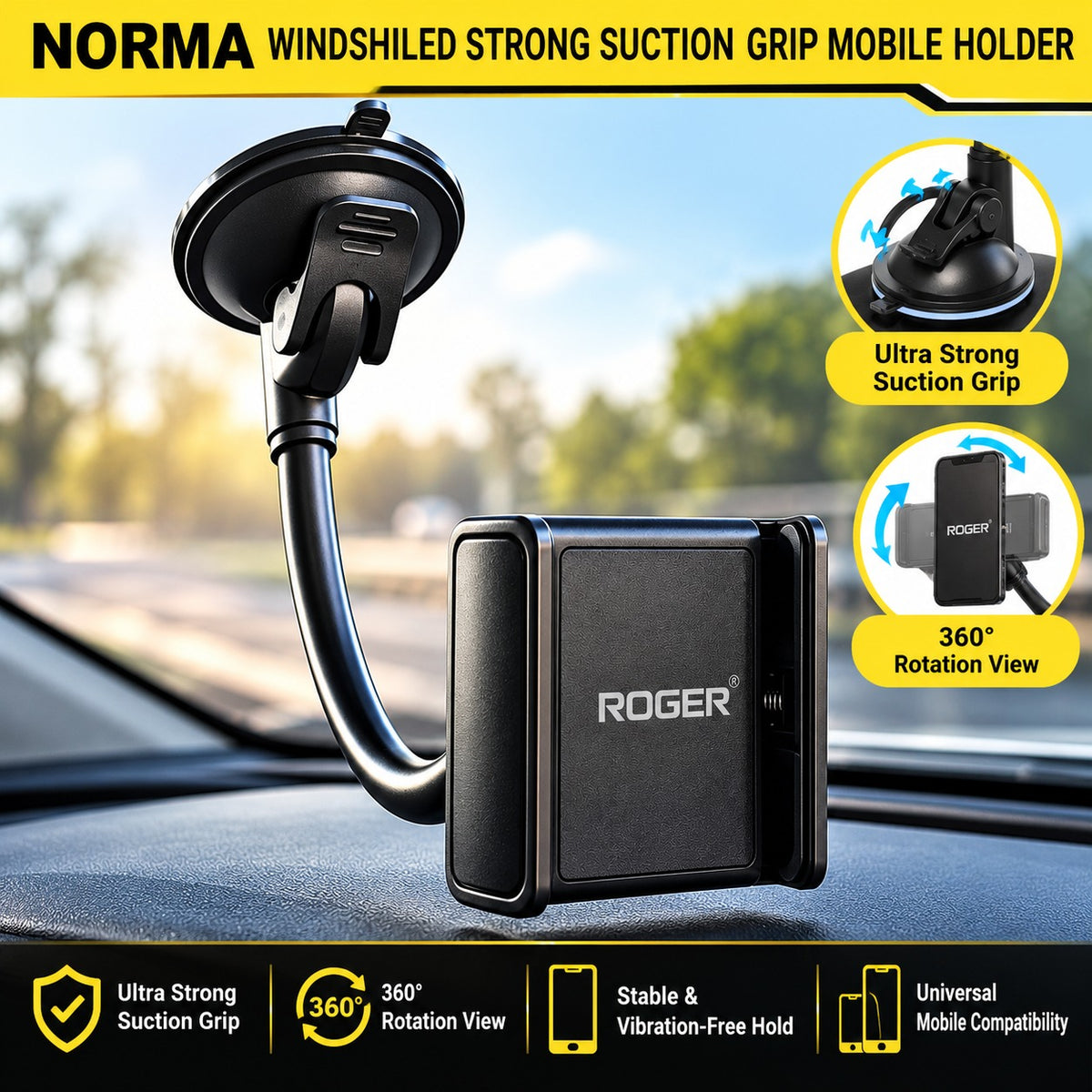 Roger Windscreen Mobile Holder | Strong Vacuum Suction | Auto-Locking Phone Grip | 360° Adjustable Viewing | 6-Month Warranty