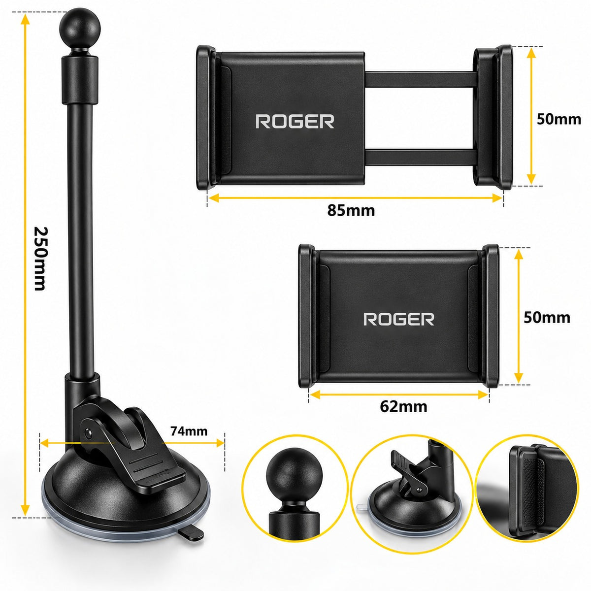 Roger Windscreen Mobile Holder | Strong Vacuum Suction | Auto-Locking Phone Grip | 360° Adjustable Viewing | 6-Month Warranty