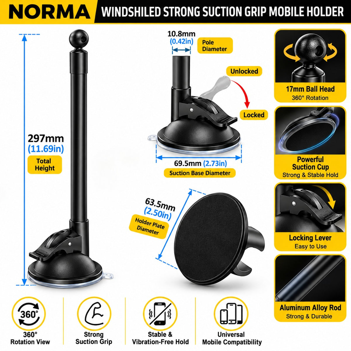 Roger Windscreen Mobile Holder | Strong Vacuum Suction | Auto-Locking Phone Grip | 360° Adjustable Viewing | 6-Month Warranty