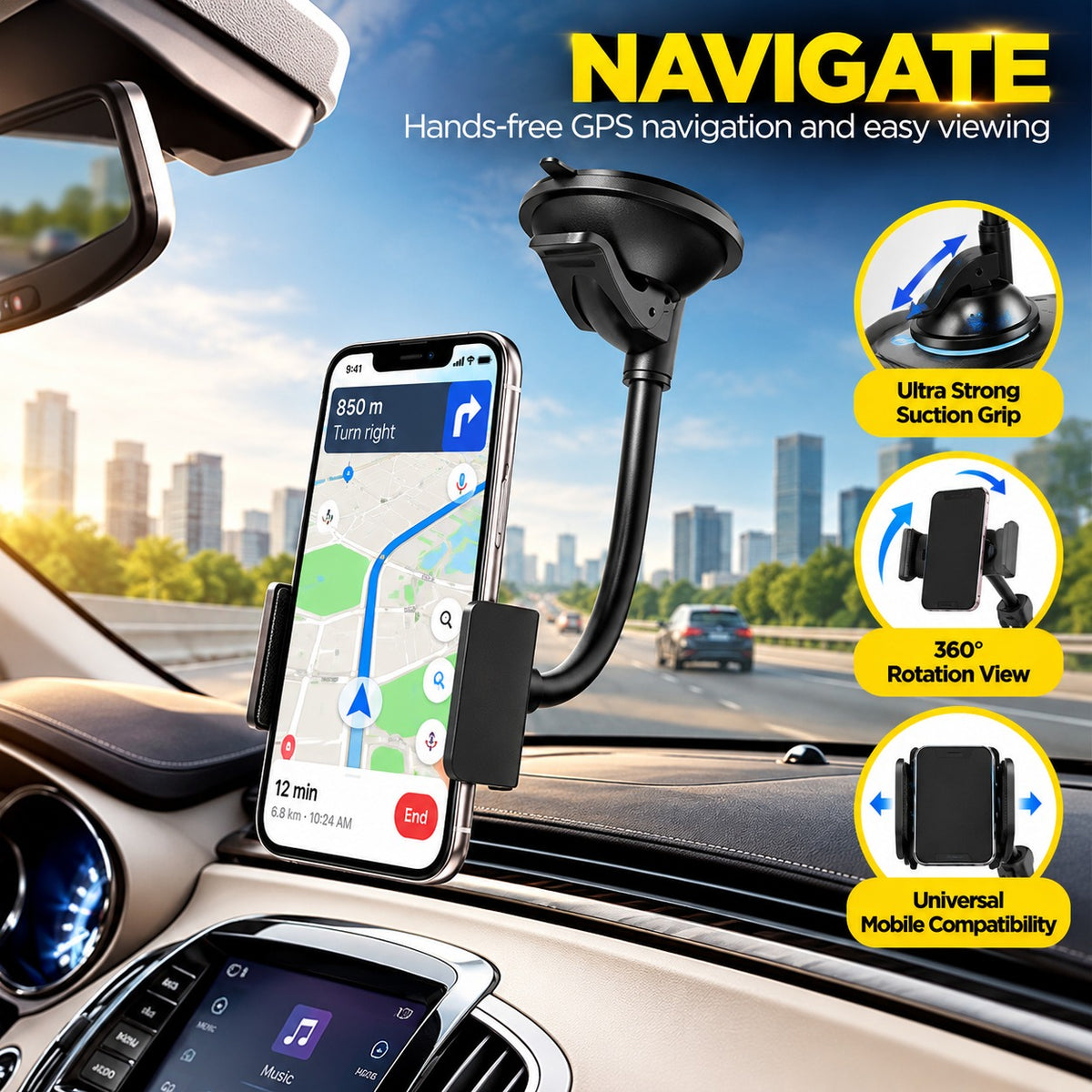 Roger Windscreen Mobile Holder | Strong Vacuum Suction | Auto-Locking Phone Grip | 360° Adjustable Viewing | 6-Month Warranty