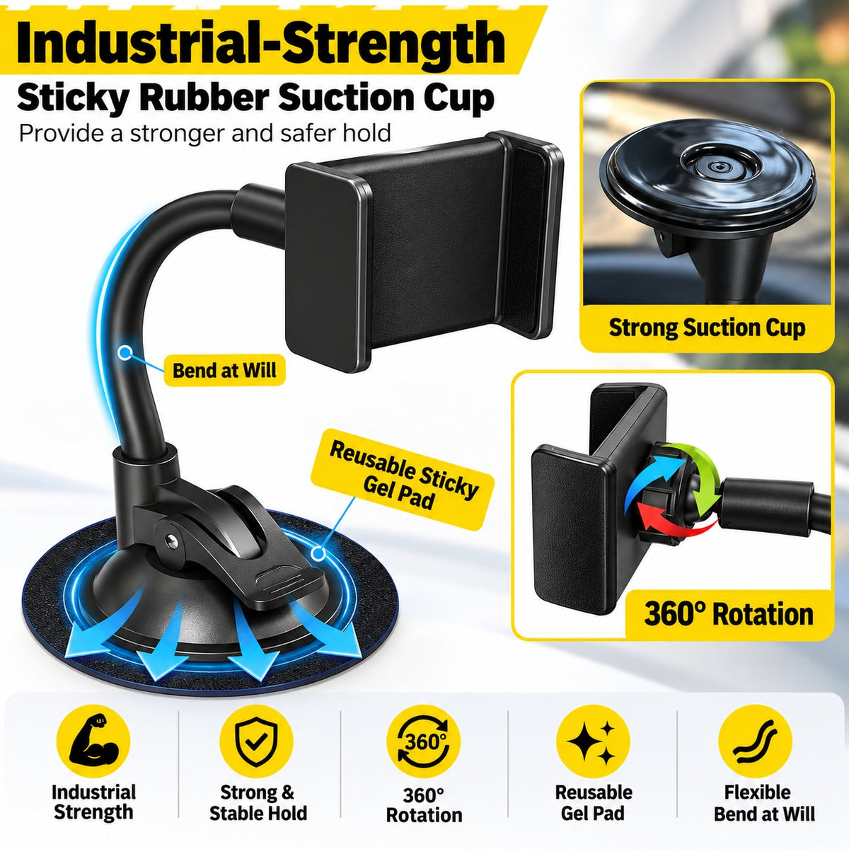 Roger Windscreen Mobile Holder | Strong Vacuum Suction | Auto-Locking Phone Grip | 360° Adjustable Viewing | 6-Month Warranty