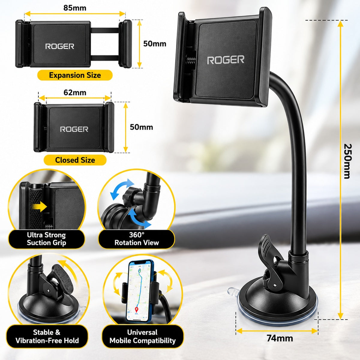 Roger Windscreen Mobile Holder | Strong Vacuum Suction | Auto-Locking Phone Grip | 360° Adjustable Viewing | 6-Month Warranty