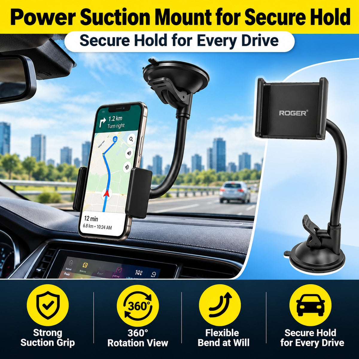 Roger Windscreen Mobile Holder | Strong Vacuum Suction | Auto-Locking Phone Grip | 360° Adjustable Viewing | 6-Month Warranty