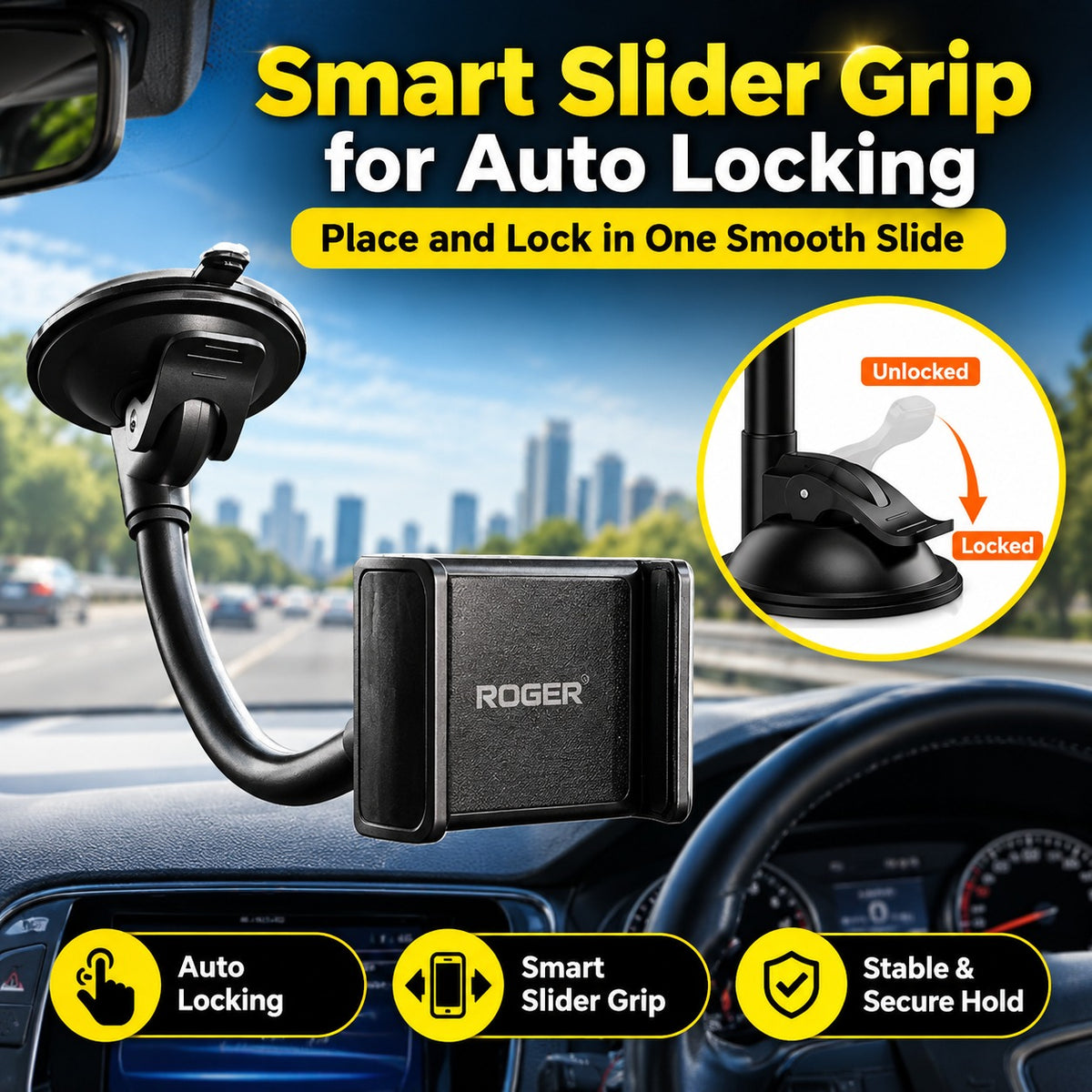 Roger Windscreen Mobile Holder | Strong Vacuum Suction | Auto-Locking Phone Grip | 360° Adjustable Viewing | 6-Month Warranty