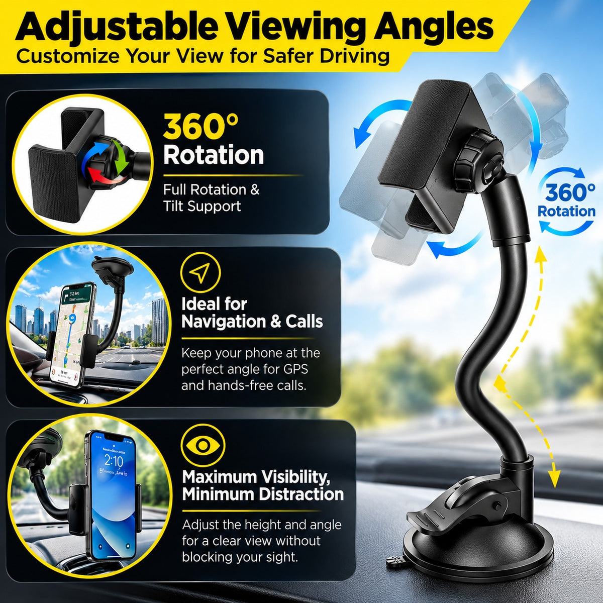 Roger Windscreen Mobile Holder | Strong Vacuum Suction | Auto-Locking Phone Grip | 360° Adjustable Viewing | 6-Month Warranty