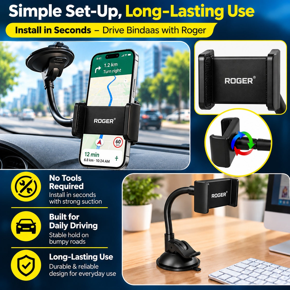 Roger Windscreen Mobile Holder | Strong Vacuum Suction | Auto-Locking Phone Grip | 360° Adjustable Viewing | 6-Month Warranty