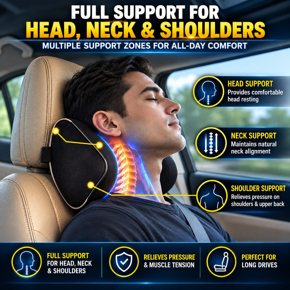 Roger Responsive Memory Foam Headrest | 1-Year Warranty | Supports Neck | Reduces Neck Fatigue | Maintains Proper Driving Posture