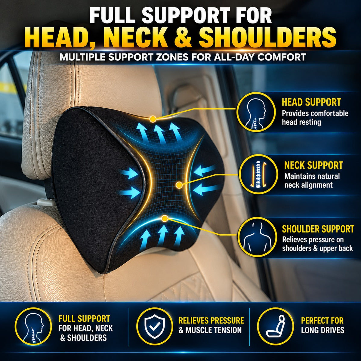Roger Responsive Memory Foam Headrest | 1-Year Warranty | Supports Neck | Reduces Neck Fatigue | Maintains Proper Driving Posture