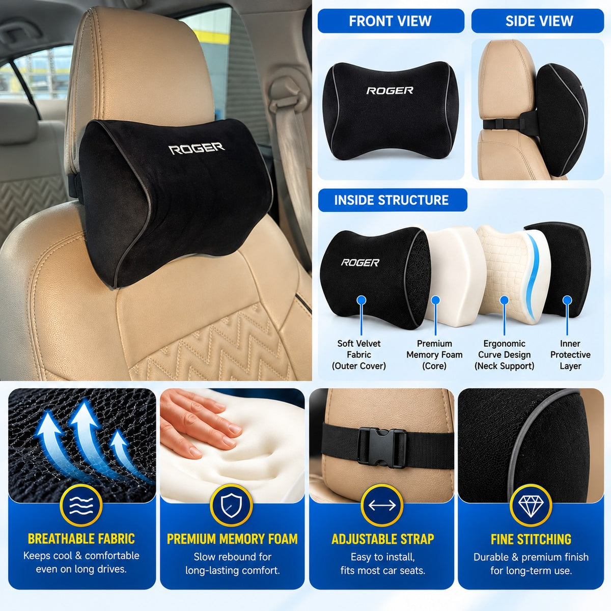 Roger Responsive Memory Foam Headrest | 1-Year Warranty | Supports Neck | Reduces Neck Fatigue | Maintains Proper Driving Posture