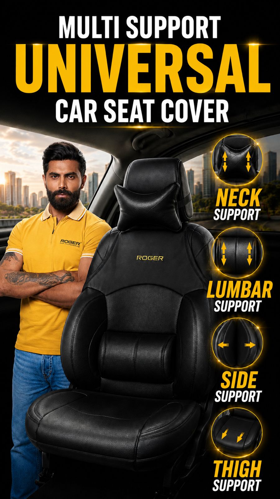 ROGER Cushport – Universal Multisupport Car Seat Cover Black