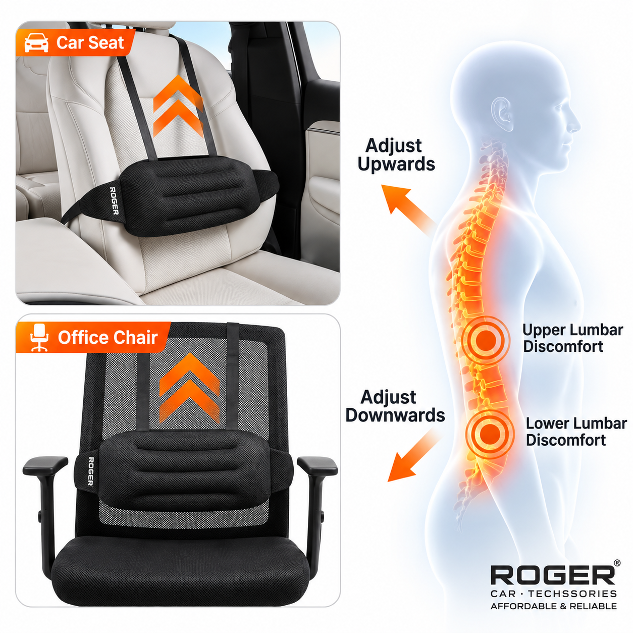 Roger Car Lumbar Support Cushion | Breathable Ergonomic Design | Adjustable Straps | Soft Cotton Comfort | Beige & Black