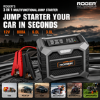 Roger 3 In 1 Multifunctional Jump Starter 800A Jump Starter | Digital Auto Cut-Off Air Inflator Wireless & 12V Operation | 8000 mAh Battery | 1 Year Warranty