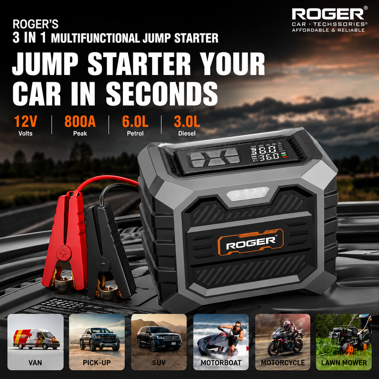 Roger 3 In 1 Multifunctional Jump Starter 800A Jump Starter | Digital Auto Cut-Off Air Inflator Wireless & 12V Operation | 8000 mAh Battery | 1 Year Warranty