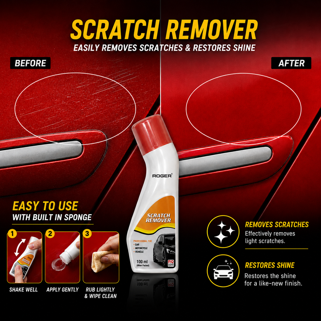 Roger Scratch Remover | Built-in Sponge Applicator | Removes Light Scratches & Restores Shine | For All Car Paint Colours | 100 ml