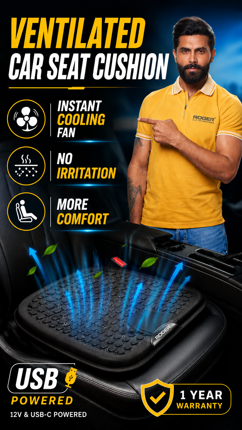 ROGER Universal Ventilated Car Seat Cushion | 3-Speed Cooling Fan | 12V & USB-C Powered | 1-Year Warranty | Remote Control
