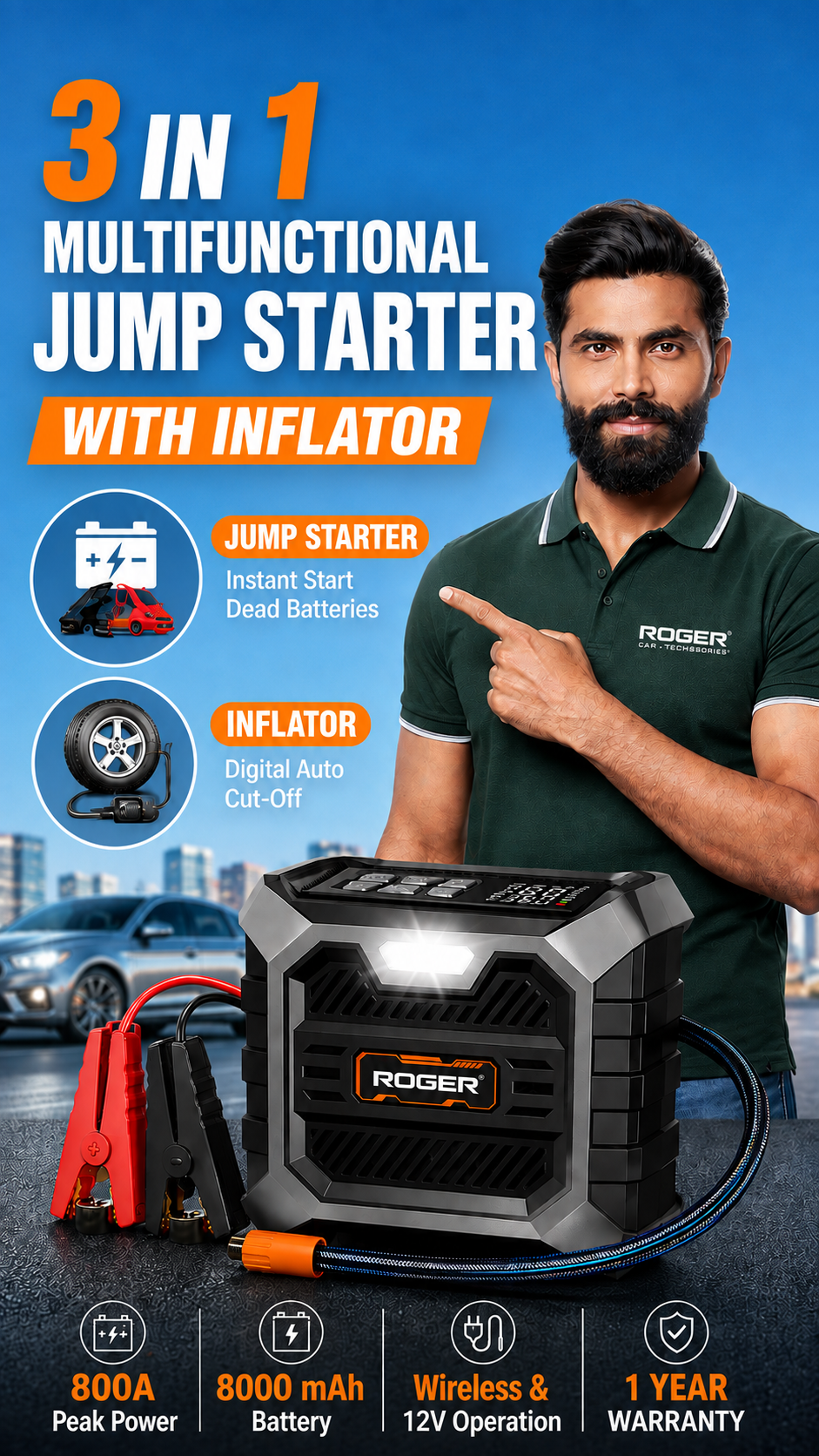 Roger 3 In 1 Multifunctional Jump Starter 800A Jump Starter | Digital Auto Cut-Off Air Inflator Wireless & 12V Operation | 8000 mAh Battery | 1 Year Warranty