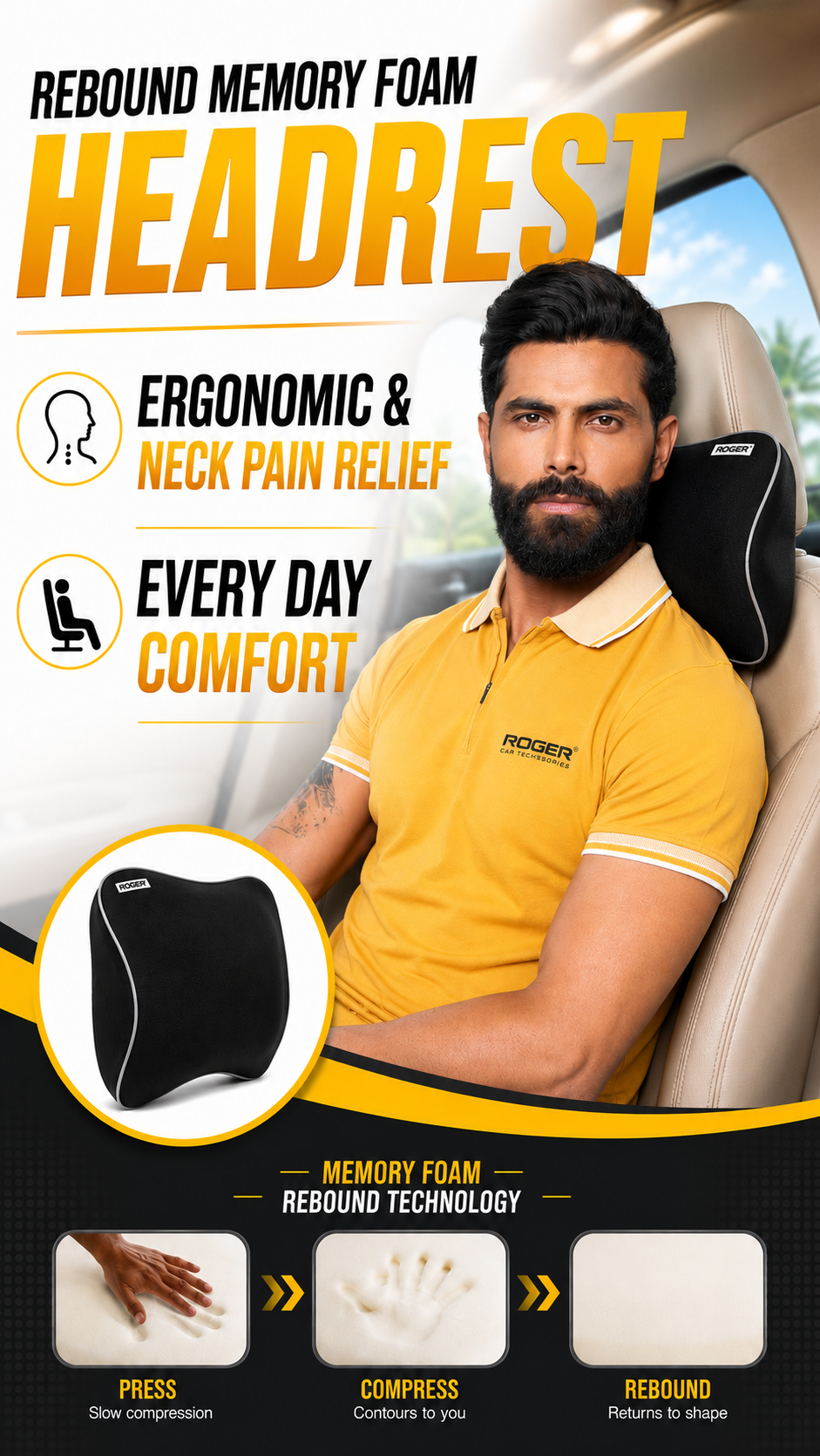 ROGER Car Headrest Pillow (Responsive Memory Foam)