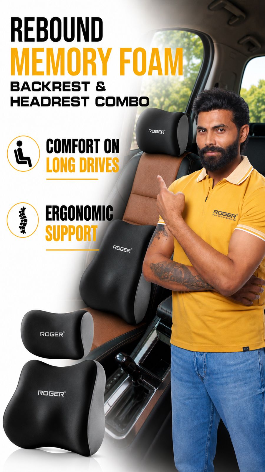 ROGER Ergonomic Memory Foam Neck Pillow & Lumbar Support Cushion Set | Enhanced Driving Comfort | Relieves Neck & Back Pain