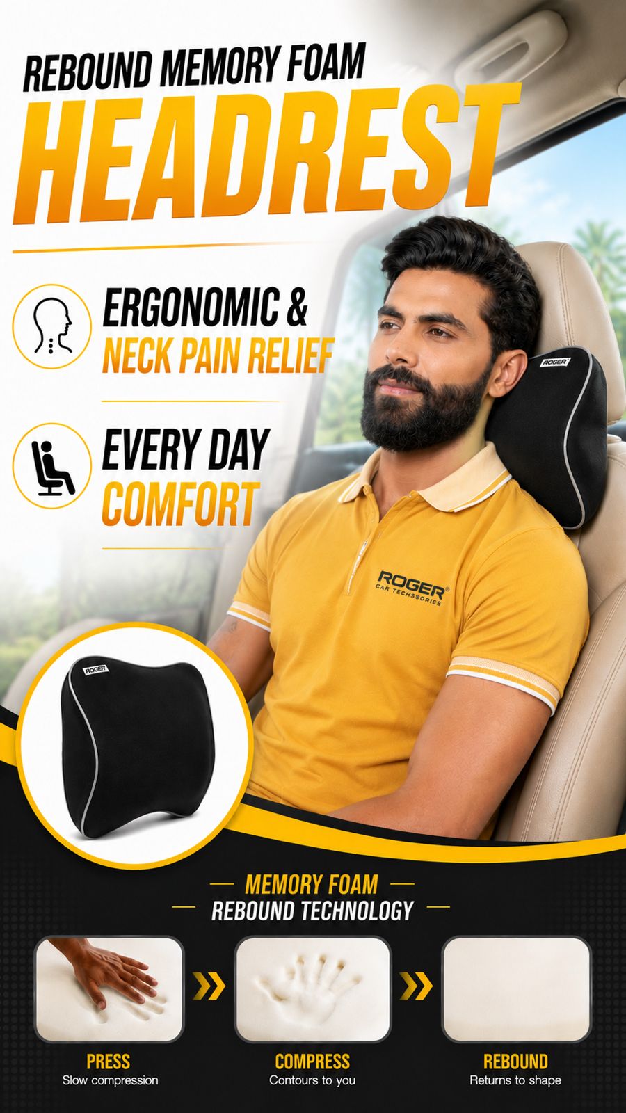 ROGER Car Headrest Pillow (Responsive Memory Foam)