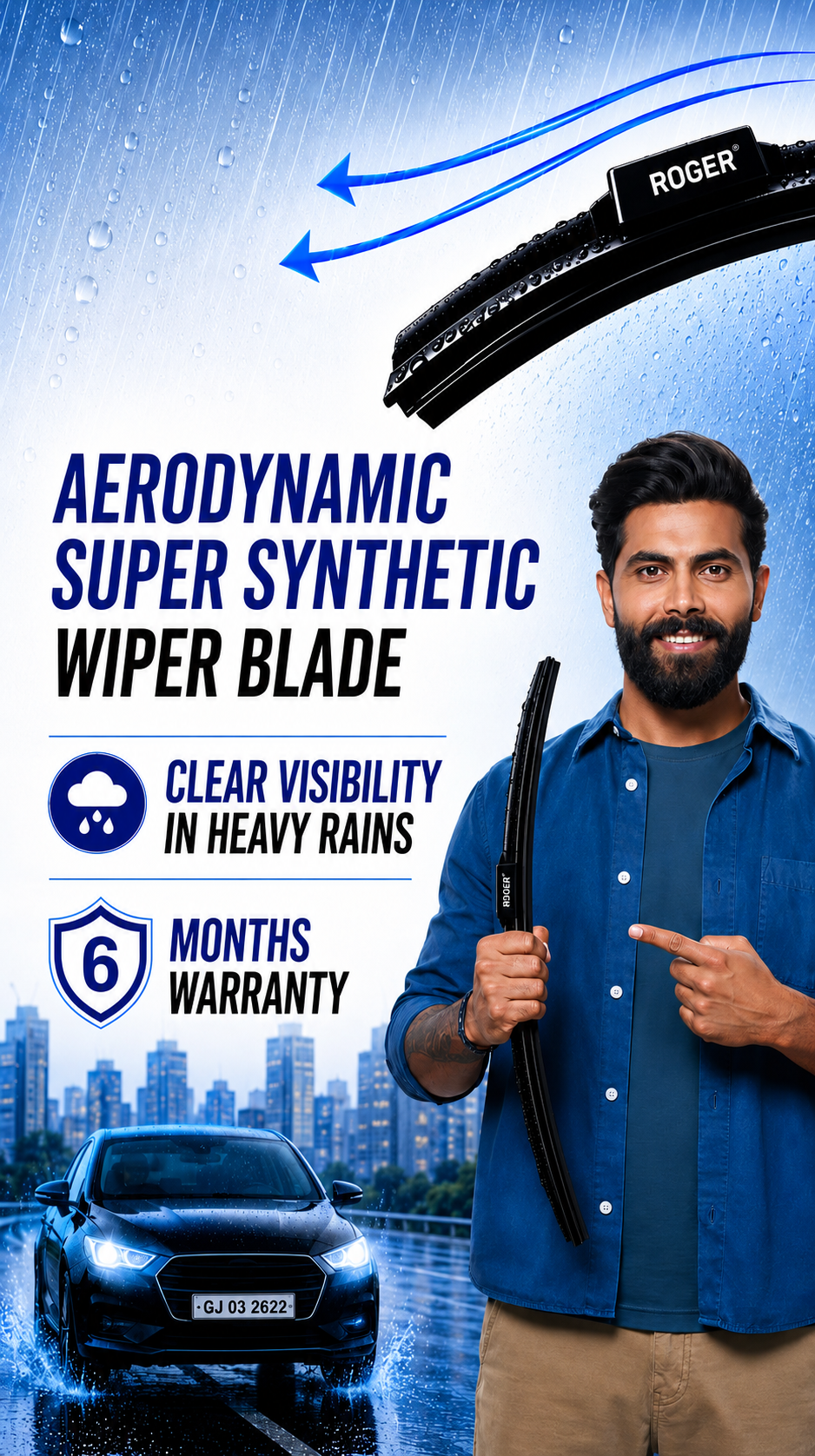 Roger Super Synthetic Wiper Blade | 6-Month Warranty | Streak-Free Wiping | Noise-Free Operation | High-Speed Stability | All-Weather Performance
